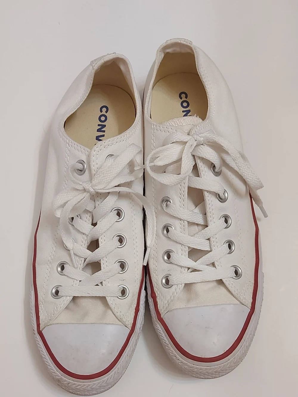 Converse White Canvas Low-Top Sneakers with Red Rim